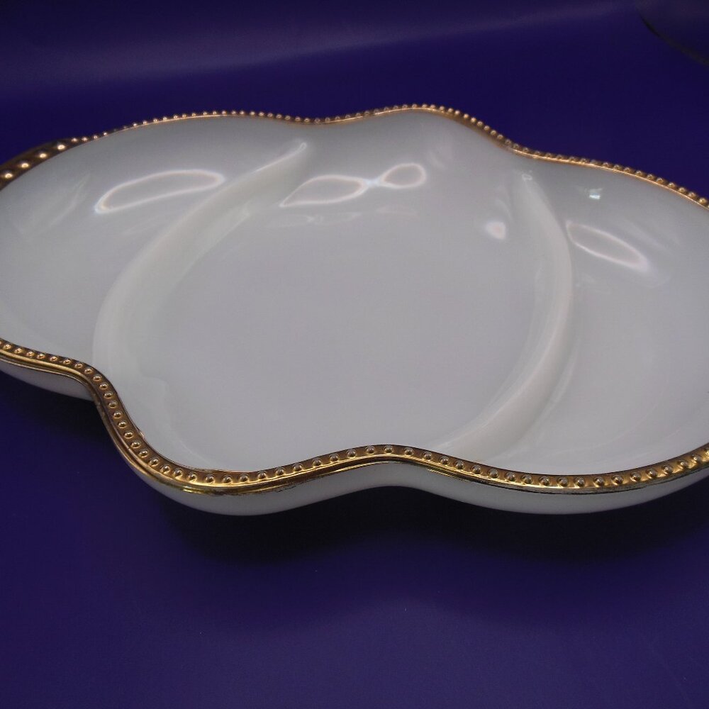 serving relish dish Anchor Hocking milk glass Fire-King hobnail and gold trim